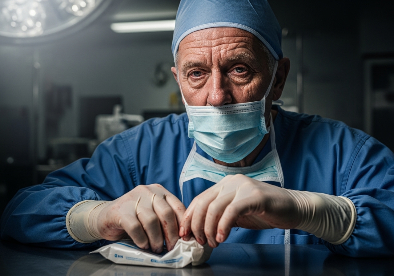 A weary senior surgeon with gloved, blood-stained hands, pauses in an emergency room.