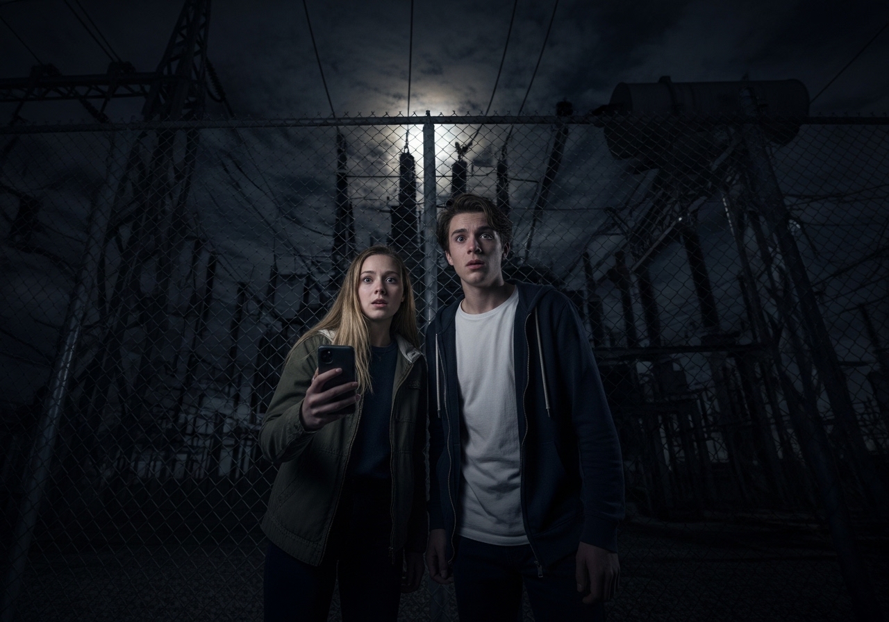 Two teenagers stand in pitch darkness before a substation fence, their terrified faces illuminated only by a phone screen.