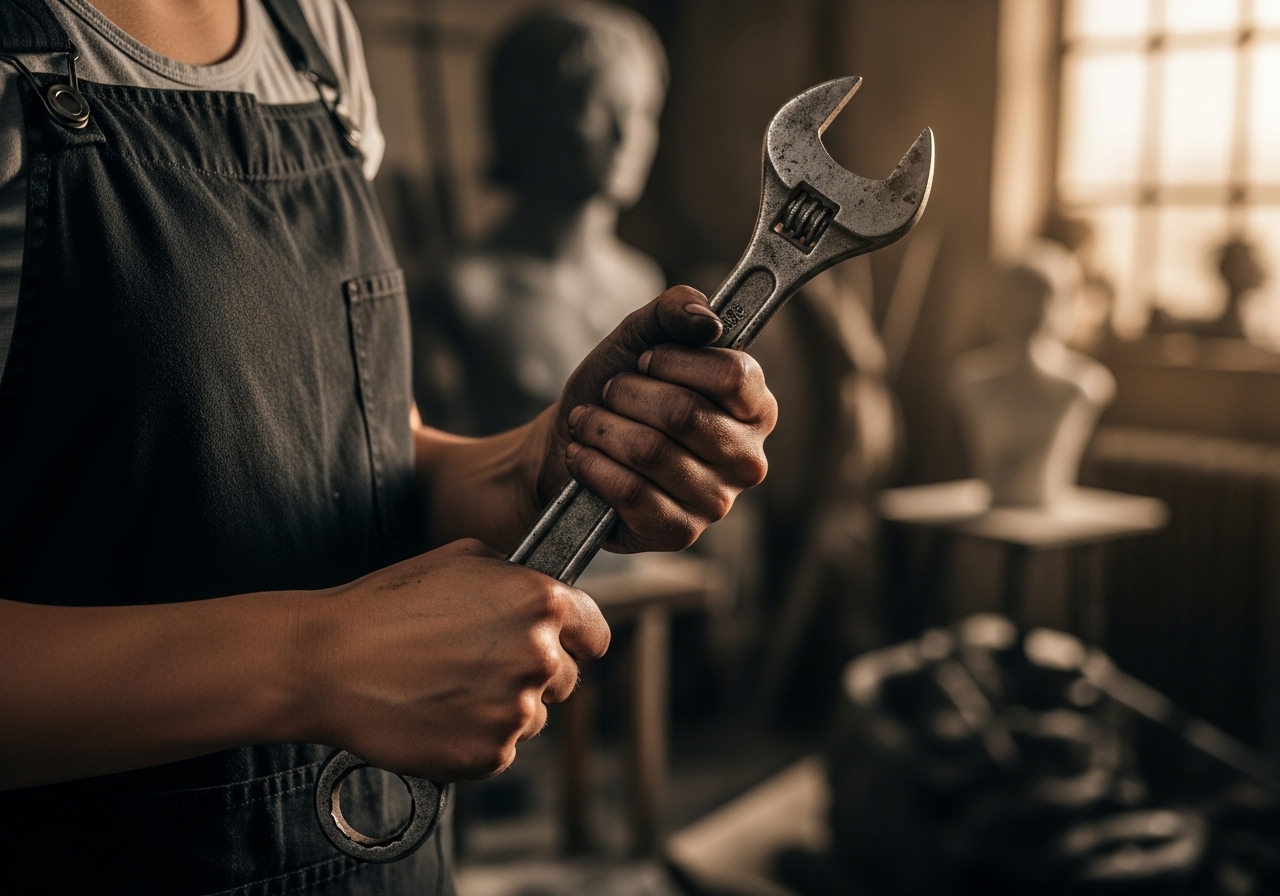 Grease-smudged hands gripping a heavy steel wrench in an art studio.