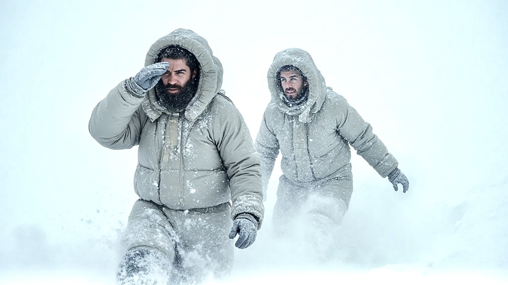 Two men in futuristic winter gear battle a white-out blizzard on an alien planet.