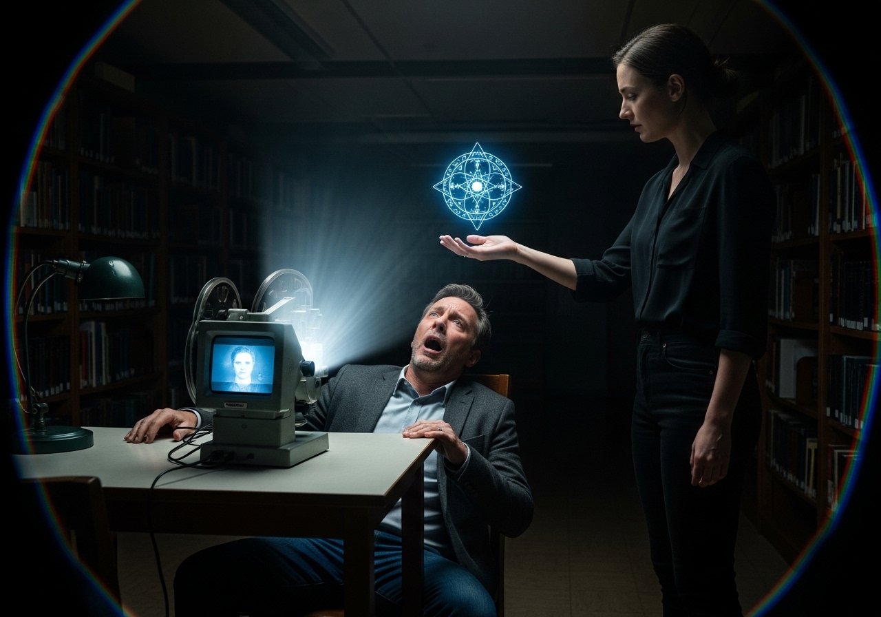 A man lies fallen on a library floor, staring in horror at a woman standing over him with a glowing magical symbol in her palm.