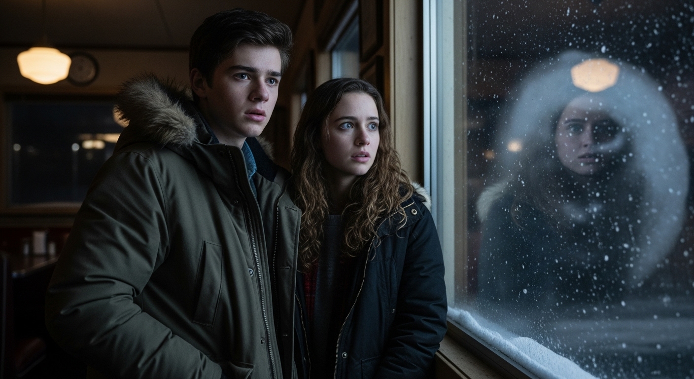 Two teenagers, Steve and Terry, stand in a dark, snowy truck stop diner, their faces illuminated by a harsh flash, looking at a menacing shape in a blizzard outside the window.