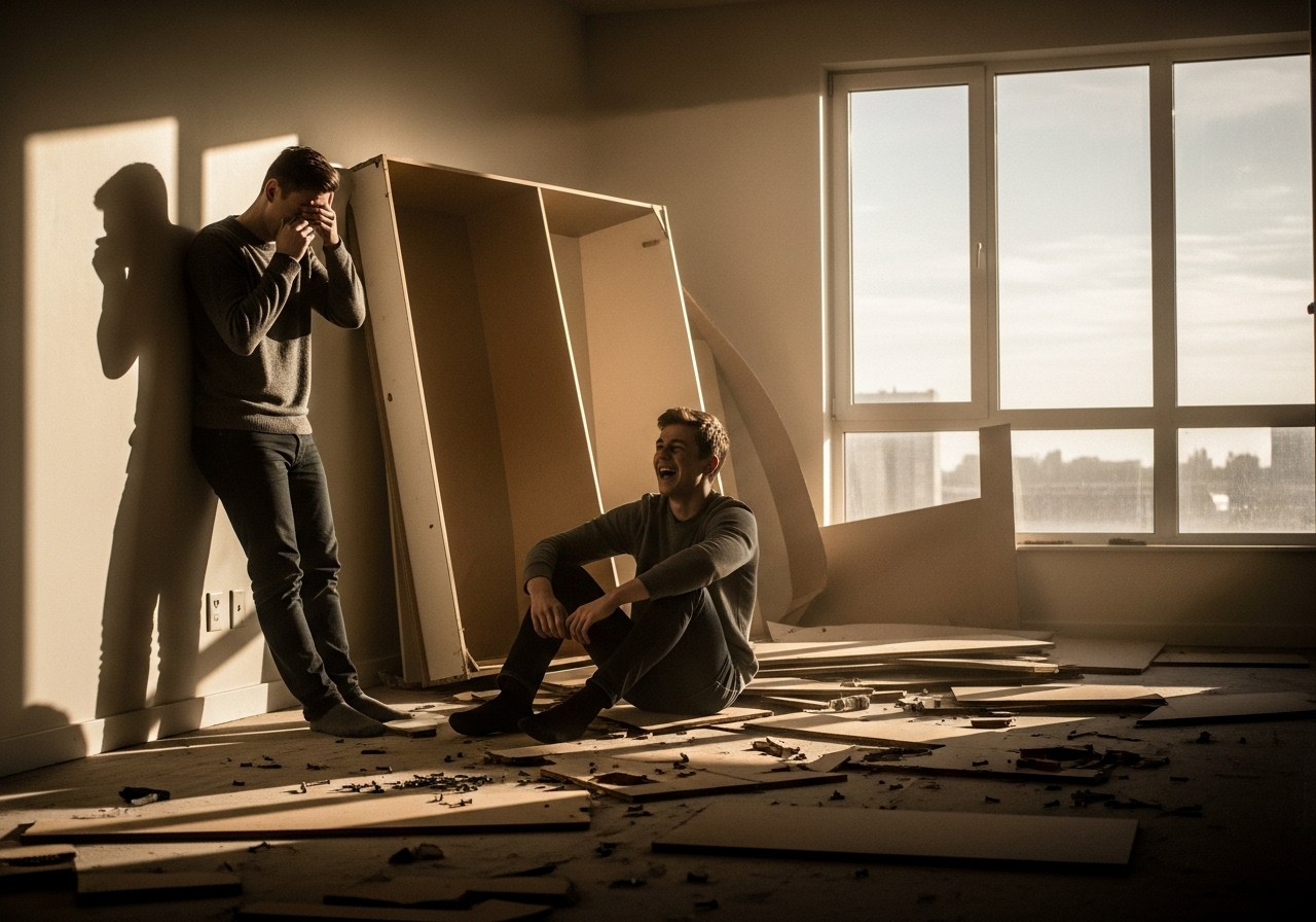 Two young men laugh helplessly in an empty apartment, surrounded by the debris of a collapsed piece of flat-pack furniture.