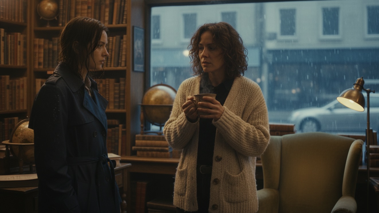 Two women in a cozy, cluttered vintage shop looking at a green armchair while a storm rages outside the window.