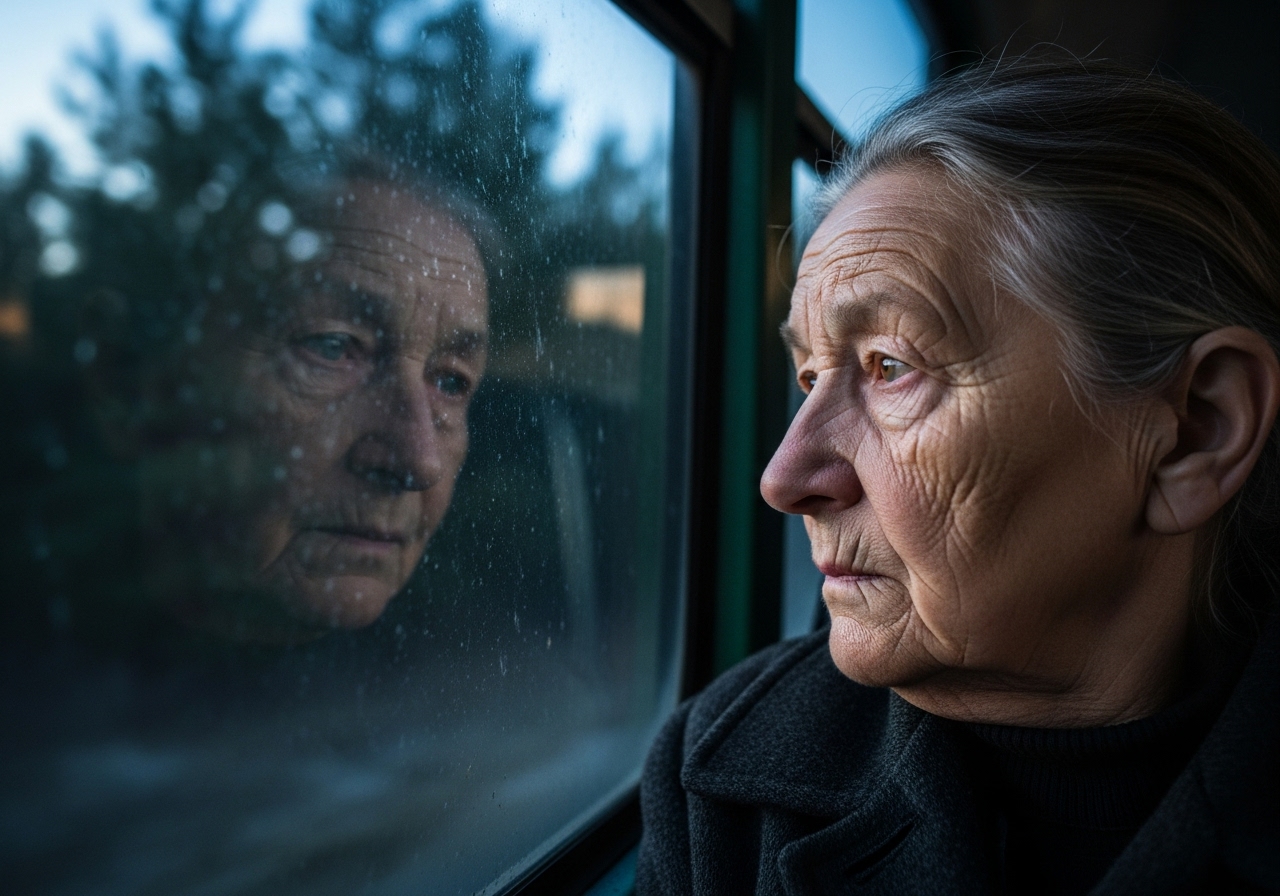 An elderly woman with grey hair looks out a bus window at the passing forest at dusk, her tired reflection visible on the glass.