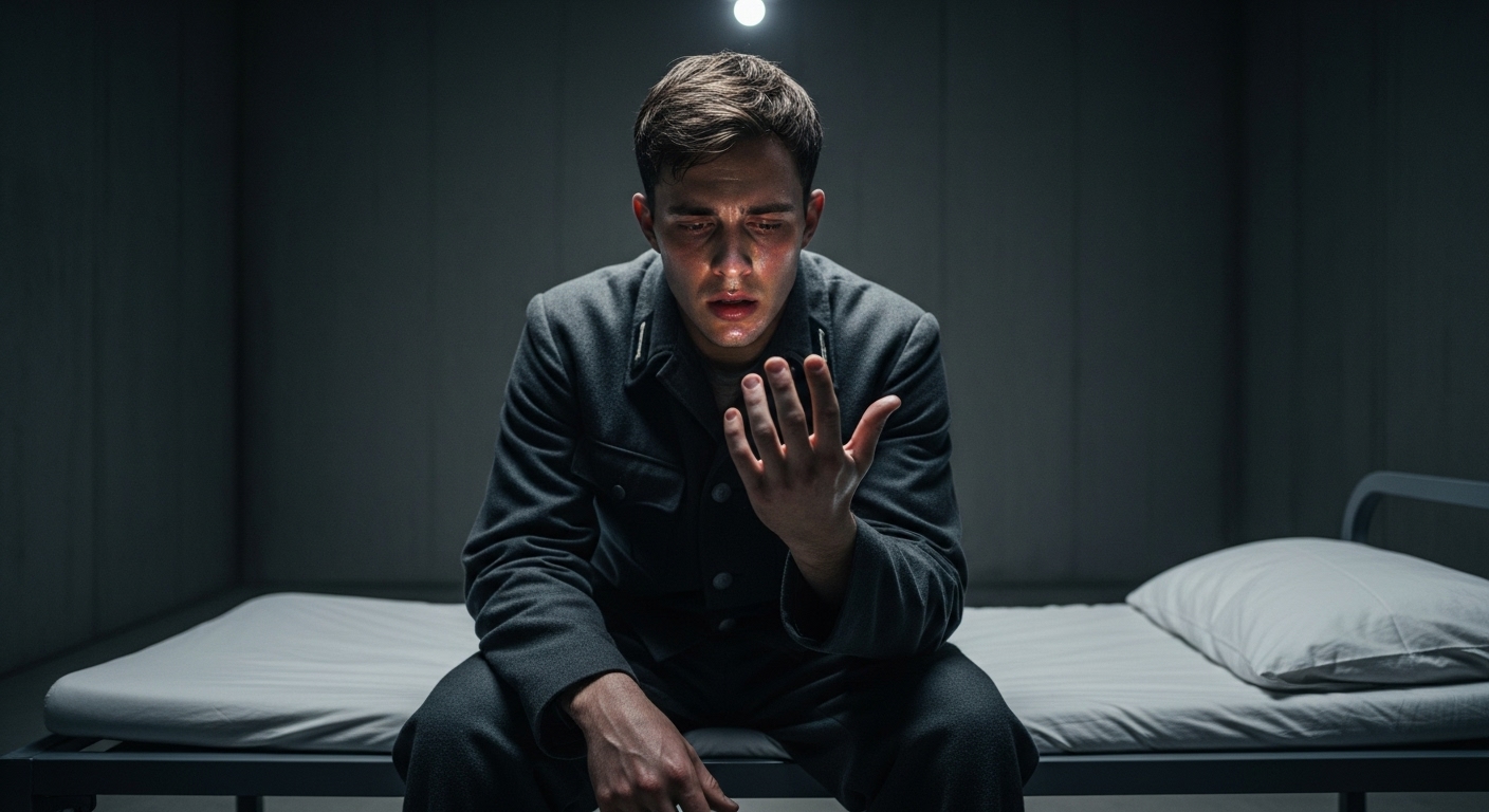 A young soldier in a stark room examines an unnatural, shimmering light on his hand.