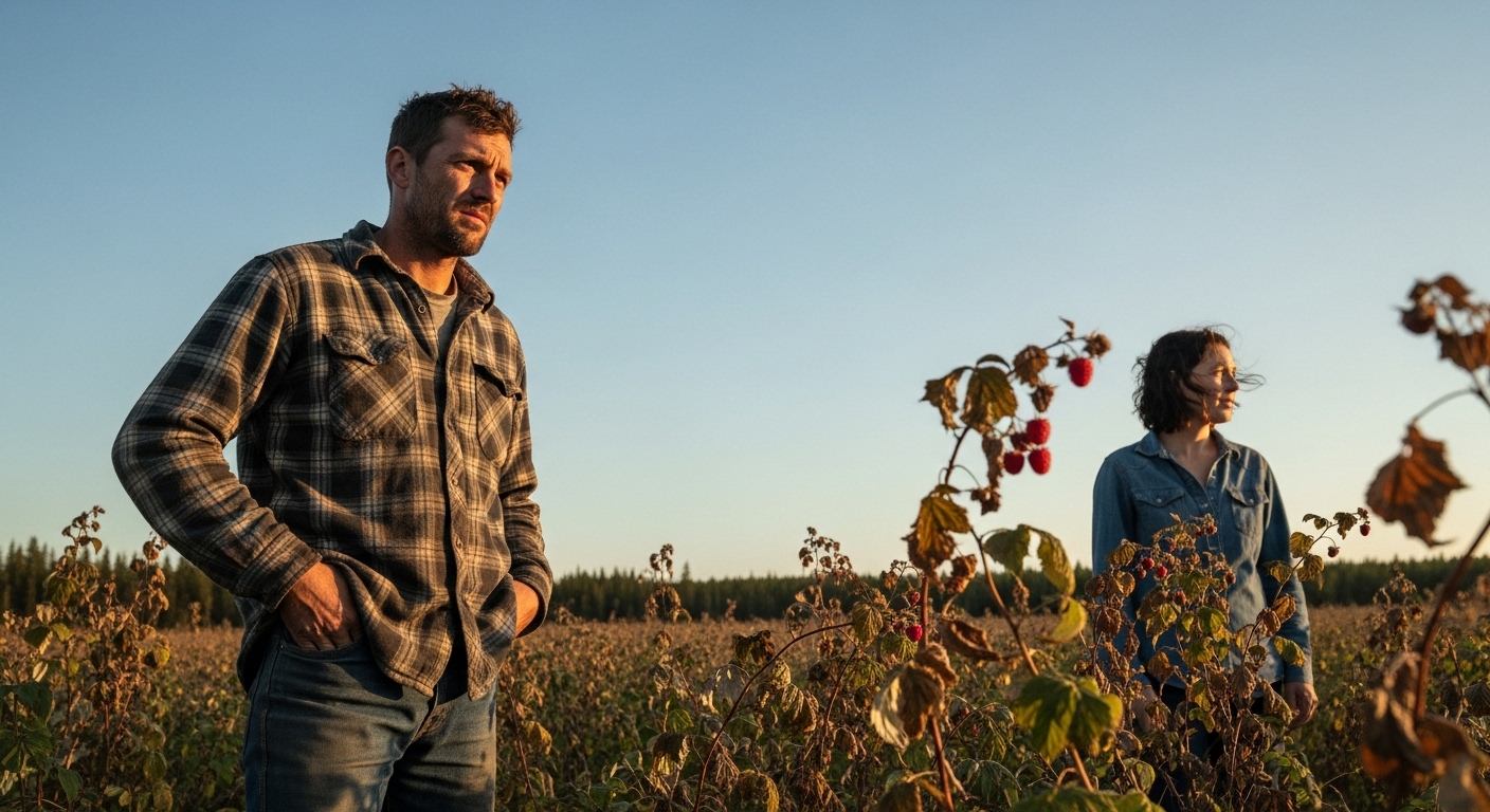 Two people, Donald and Esther, in a wilting raspberry field at sunset, looking out at the distant forest line, faces showing contemplation.