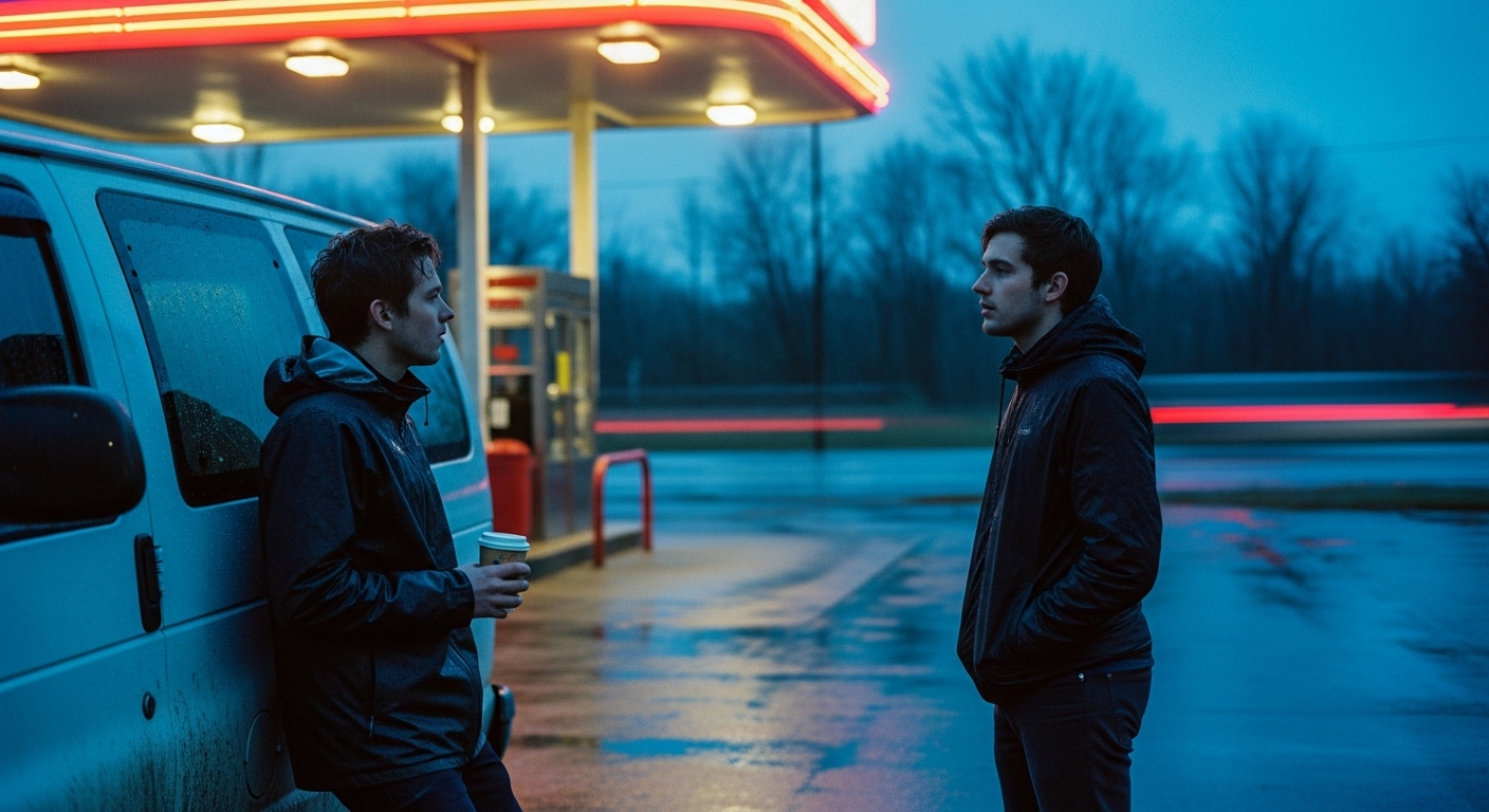 Two young men talking outside a roadside diner in the rain next to a white van.