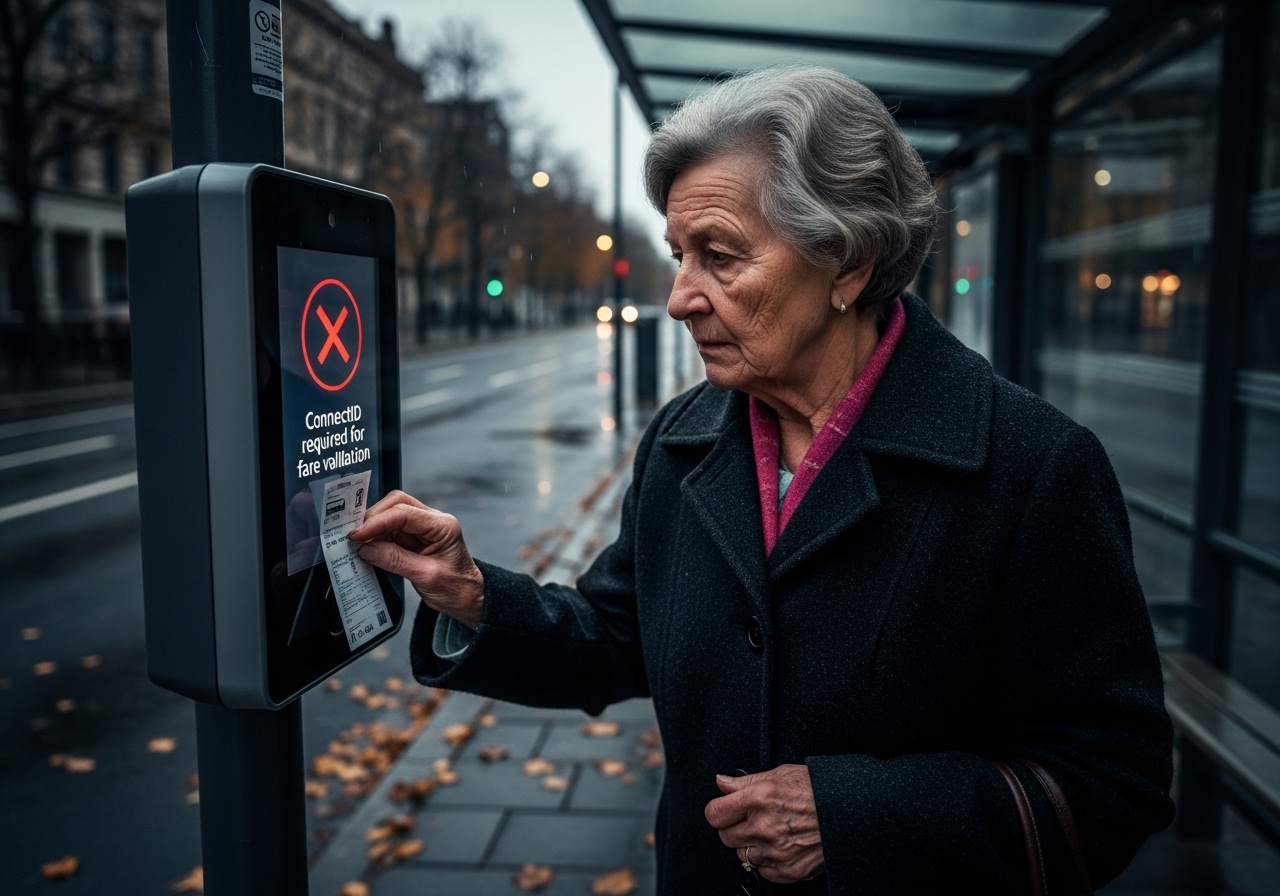 An elderly woman at a bus stop, trying to use an old paper pass on a digital scanner that displays a red 'X'.