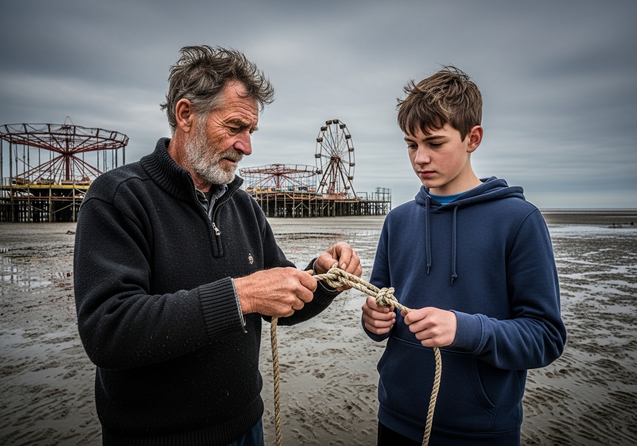 An old carny teaches a teenage boy a knot on a muddy flat with carnival rides behind them.