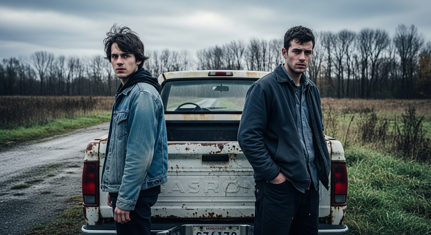 Two young men stand tensely near a rusted pickup truck on a gravel road in autumn.