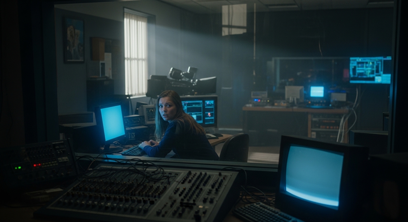 Young woman at a computer in a cluttered, old television studio, her face lit by a screen.