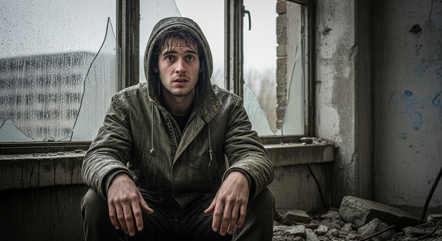 A young man with dishevelled hair sits amidst urban ruins, rain streaking down windows behind him, looking weary and confused.