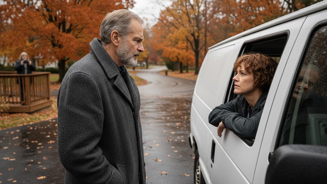 An older man confronts a researcher in a van on a suburban street during autumn.