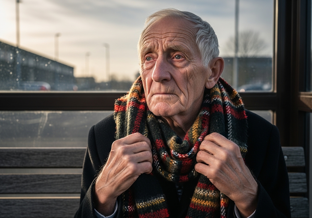 An elderly man with a tattered tartan scarf sits on a bus bench, gazing wistfully into the distance.