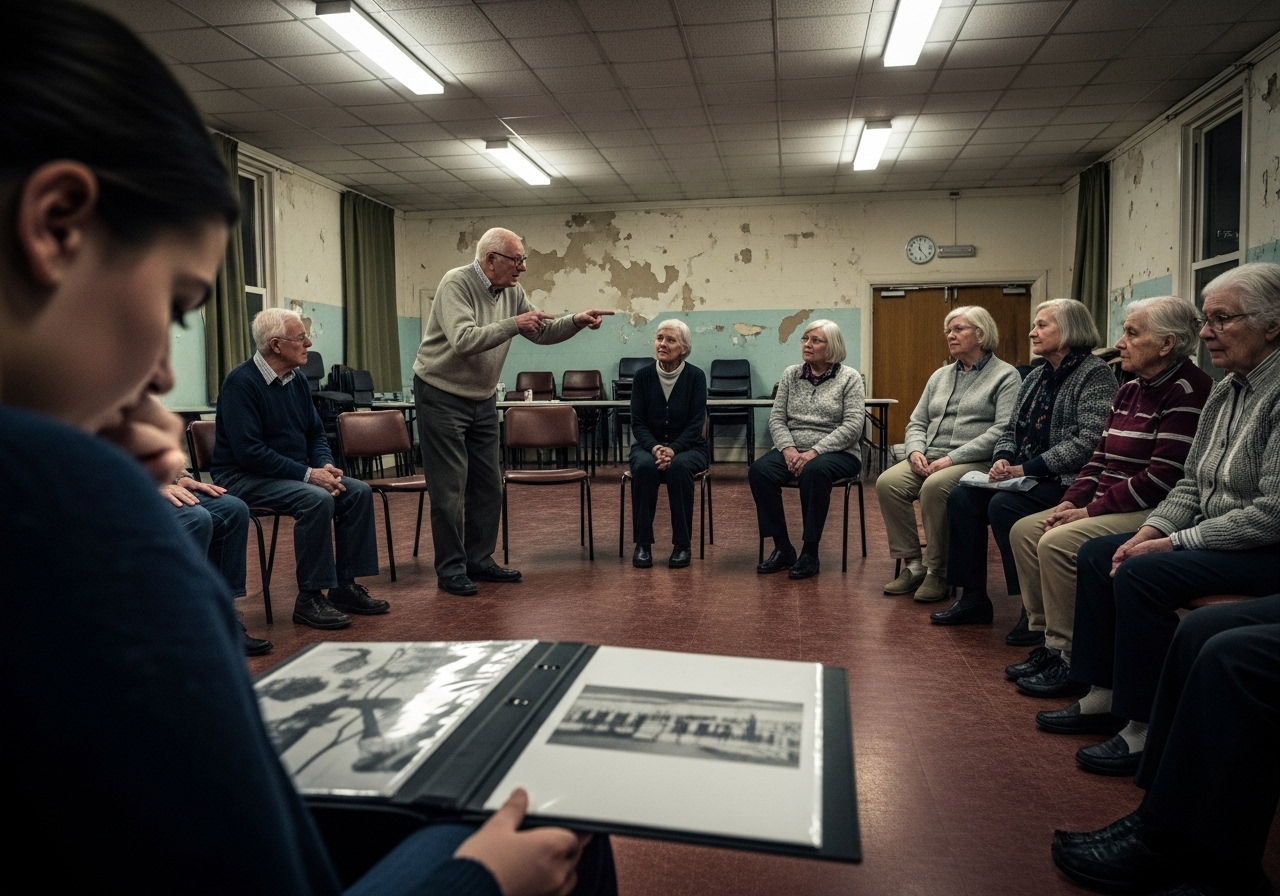 A dejected young artist sits ignored during a heated argument at a small-town council meeting.
