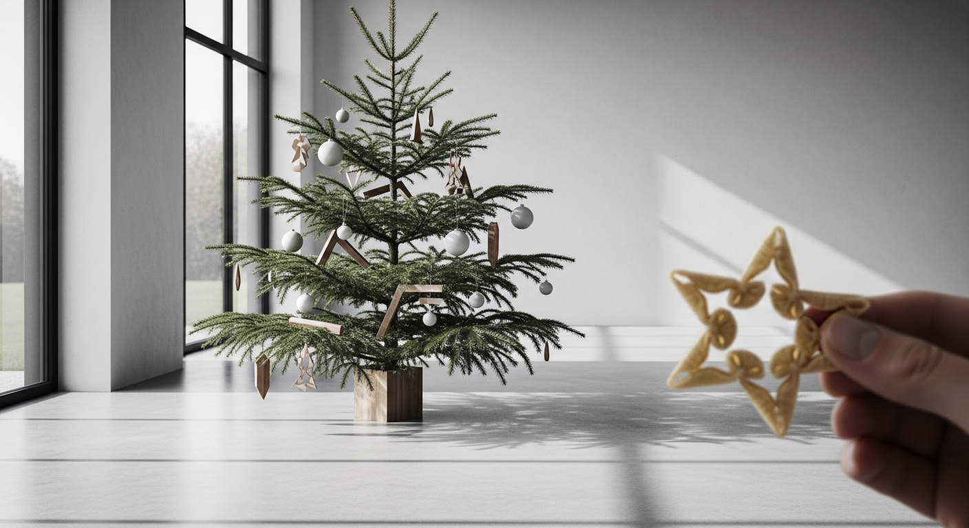 A sparse Christmas tree in a modern concrete room decorated with white spheres, contrasting with a crude macaroni ornament held in the foreground.