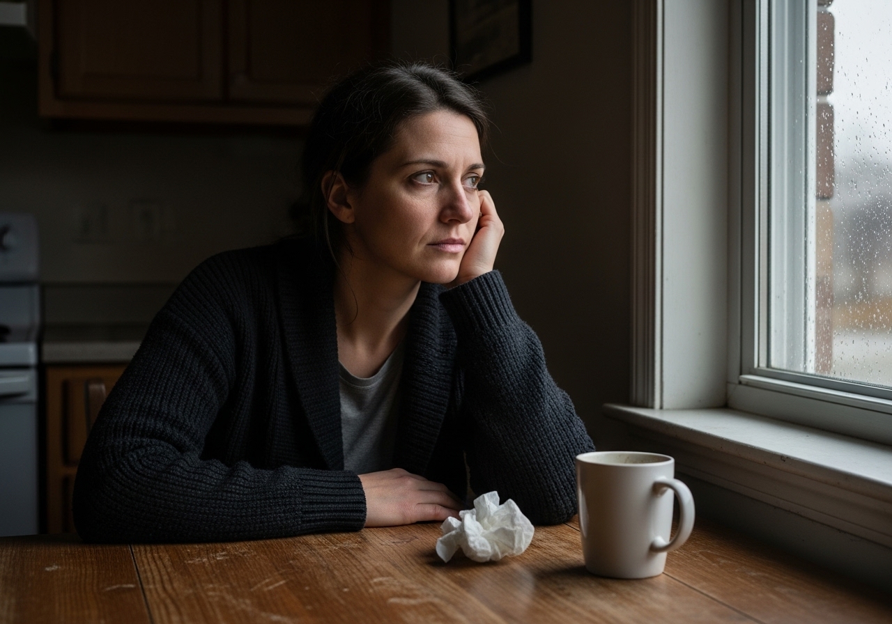 A woman sits alone at a kitchen table, looking out a rain-streaked window, her face expressing longing and suspicion.