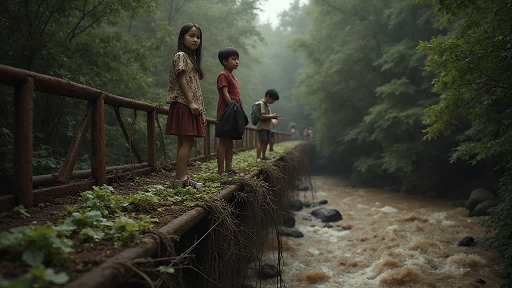 Three young children stand precariously on a rusted bridge over a fast-flowing river, a symbol of their journey.