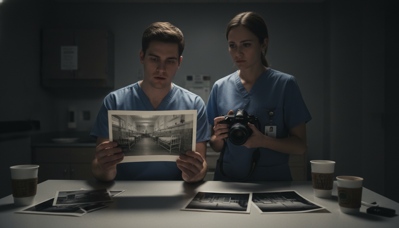 Two young medical residents, a woman and a man, in a dimly lit hospital breakroom, intently examining a black and white photograph that shows a faint, unsettling distortion in an empty hospital bay.