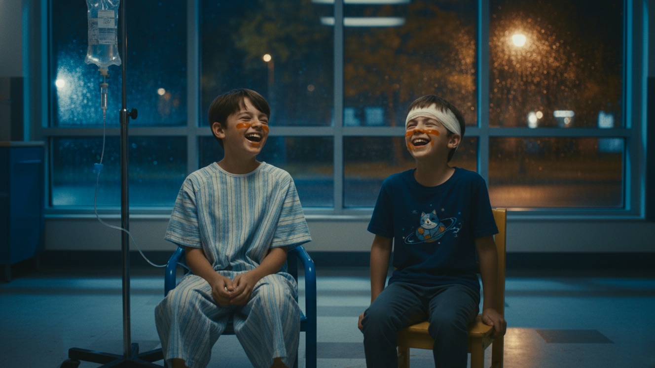 Two young boys in hospital gowns with orange Jell-O painted on their faces laughing in a dimly lit playroom.
