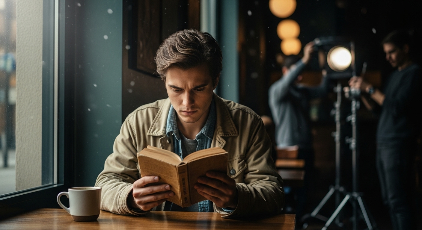 A young person reads a worn paperback in a cafe, illuminated by soft autumn light, oblivious to the busy, tech-driven background.