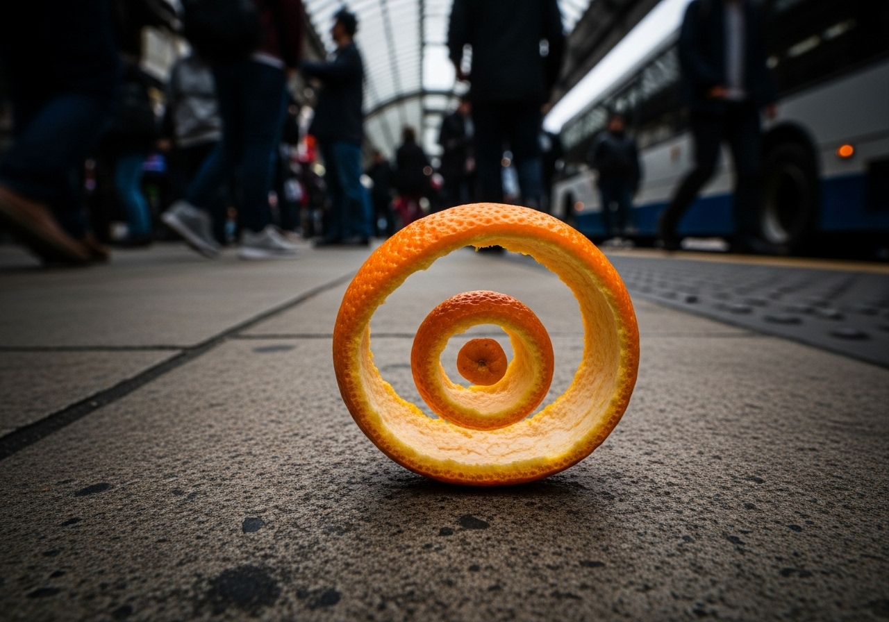 A perfectly spiralled orange peel lies on dirty concrete at a bus stop, an unexpected piece of urban art.