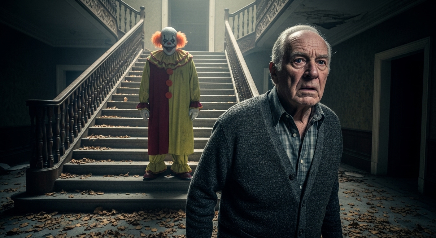 A terrified senior man in a dusty, abandoned mansion looks up at a menacing, unnaturally smiling clown on a crumbling staircase.