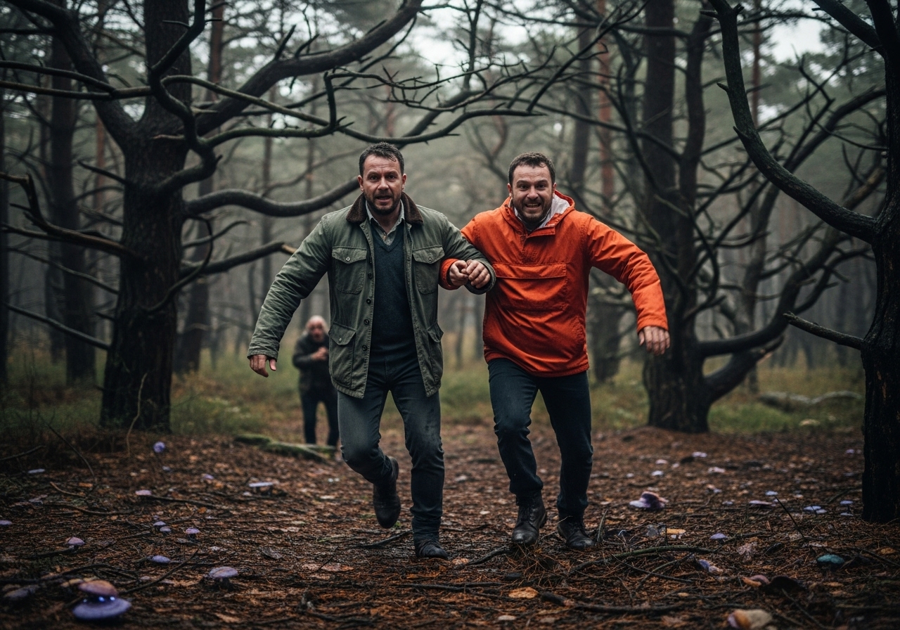 Two men, one in green, one in orange, running terrified through a forest of twisted trees and glowing purple fungi.