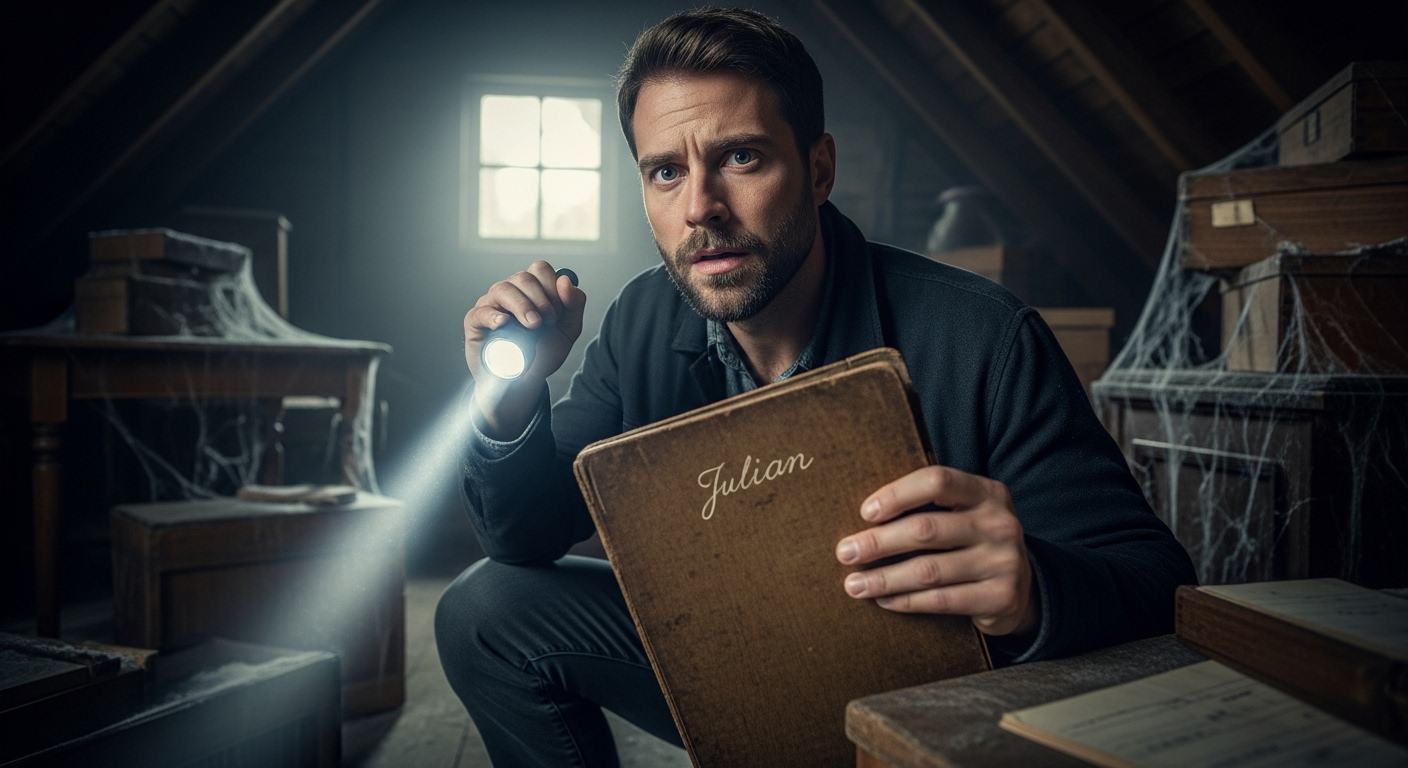 A man crouched in a dusty attic, holding an old ledger in the beam of his flashlight, looking worried.