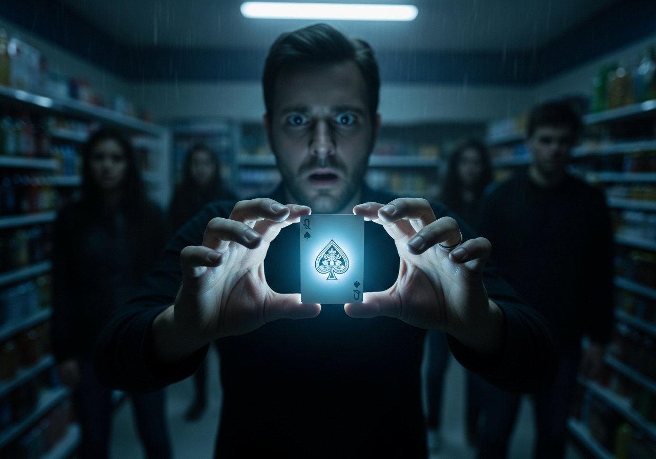 A magician holds a playing card that is glowing with an unnatural blue light in a dark convenience store.