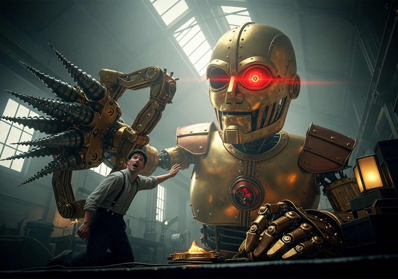 A giant brass automaton towers over a frightened worker in a smoky, industrial factory setting.