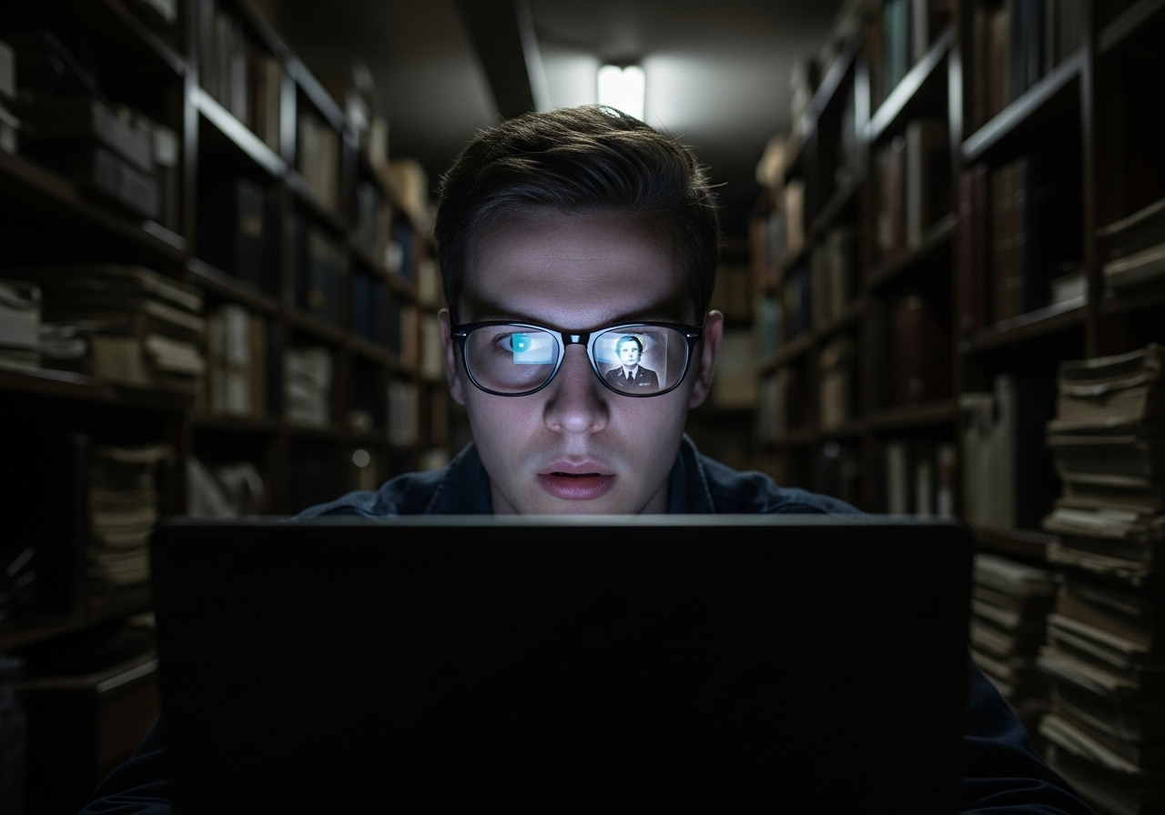 A young male student stares intently at his laptop screen in a dark library basement, his face filled with shock.