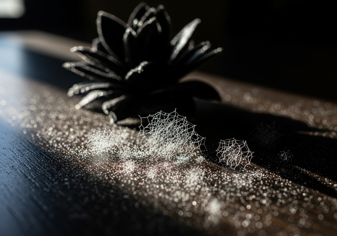 A macro photo of shimmering, alien crystalline dust forming geometric patterns on a dark wooden table.