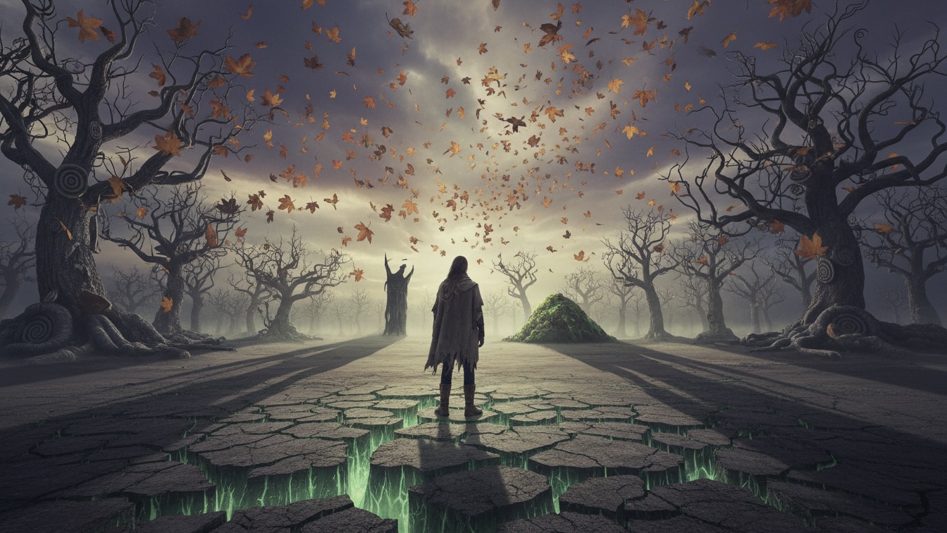 A young person stands in a surreal autumn park, where the ground is cracking and glowing green, and leaves float unnaturally upwards. Two faint, indistinct figures shimmer in the distance.
