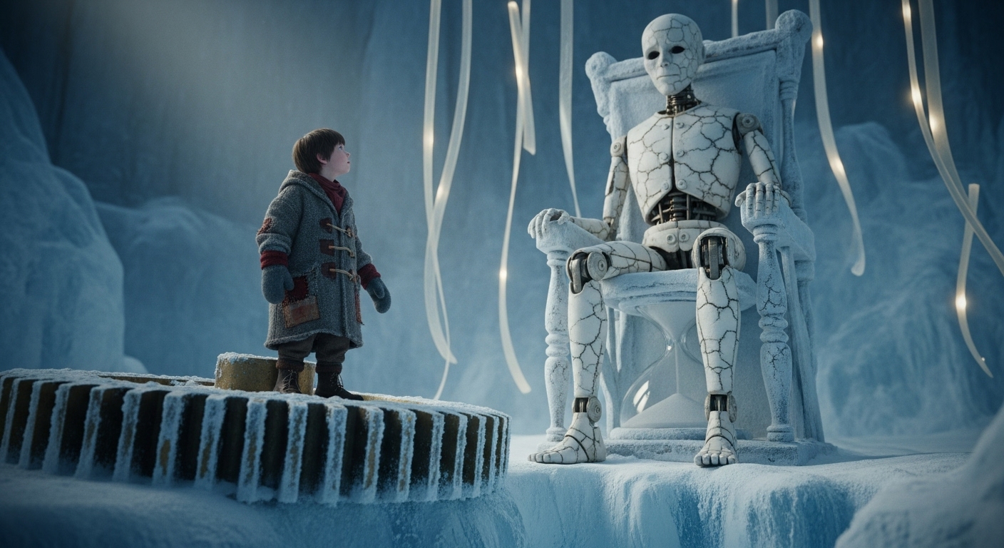 A small boy in a winter coat stands before a giant porcelain automaton on a throne of ice.