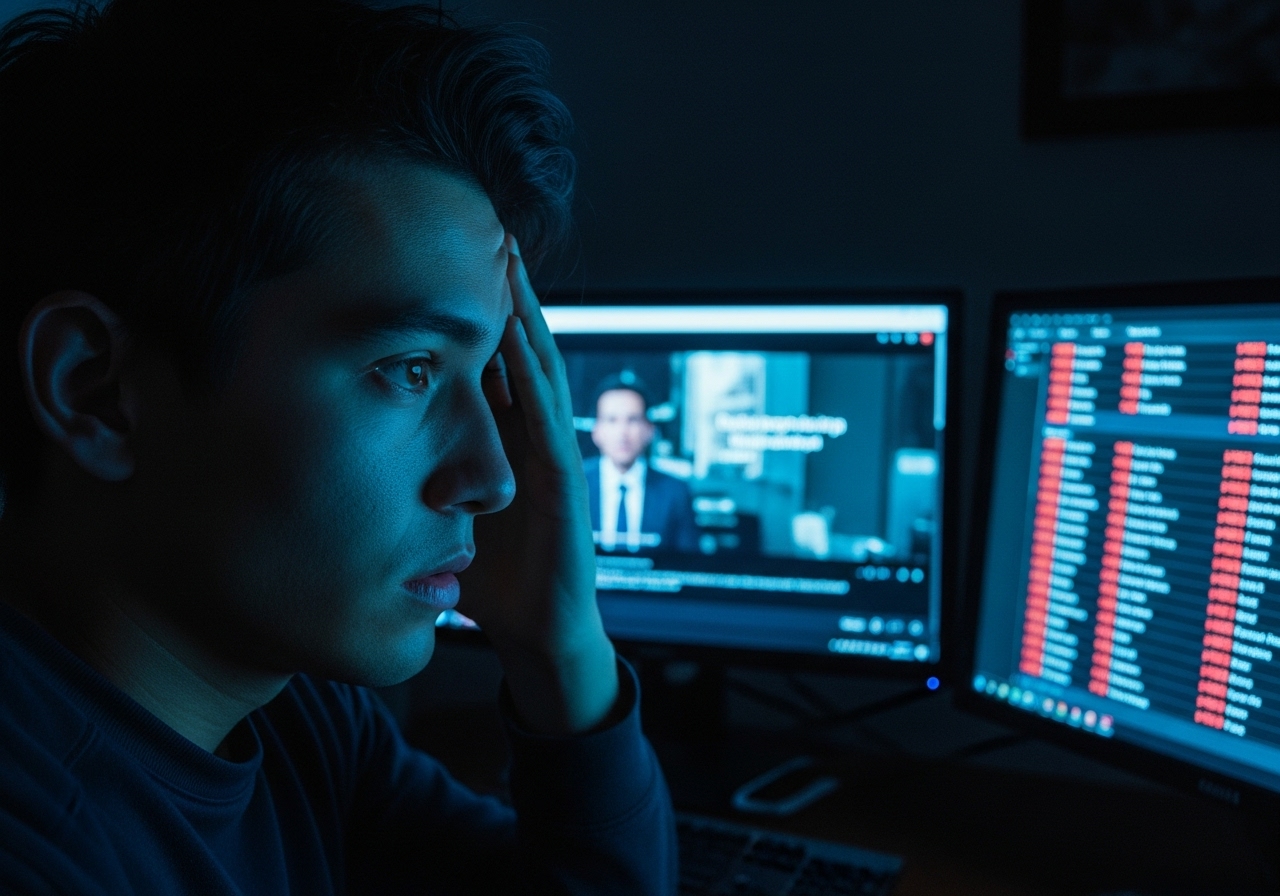 A man sits in front of multiple computer monitors in a dark room, his face illuminated by the screens.