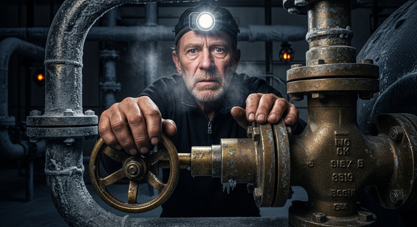 A senior man, Teddy, gripping a corroded brass valve in a cold, industrial workshop, illuminated by harsh light.
