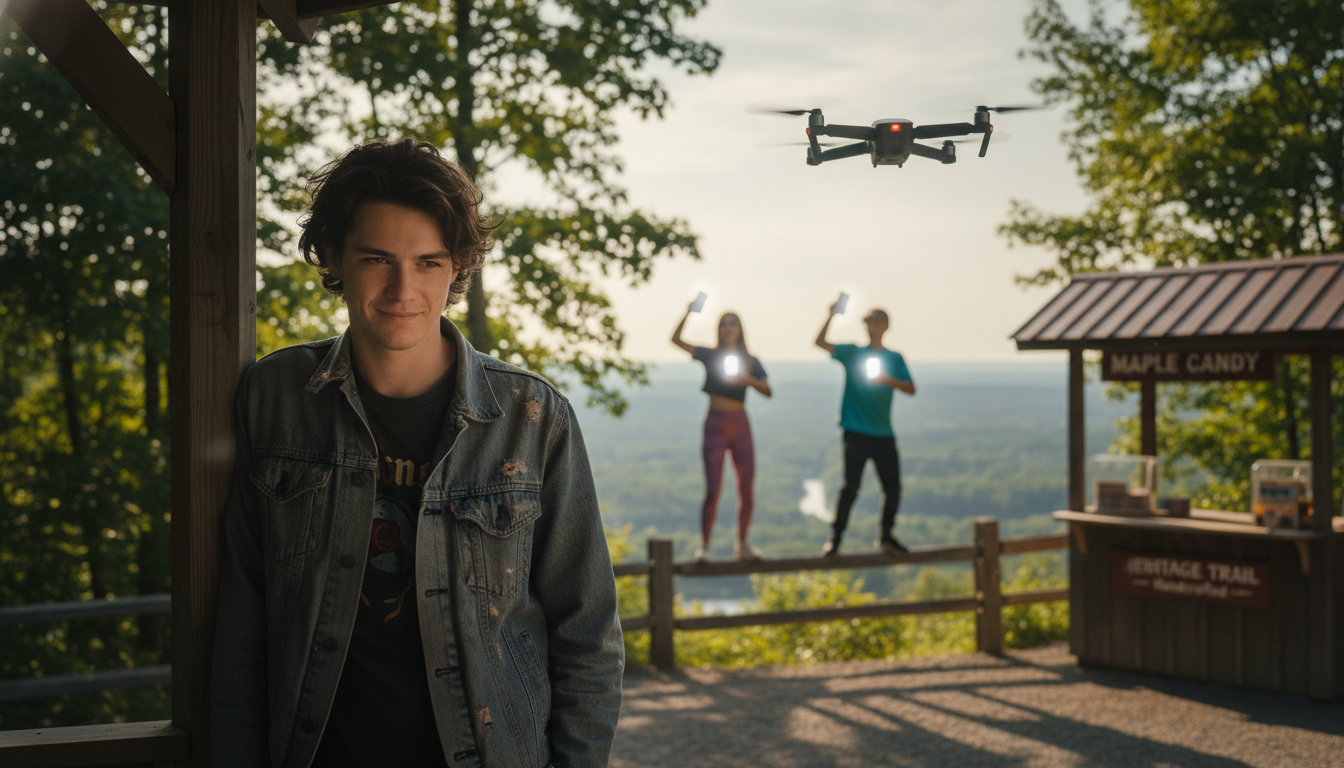A young man, Jesse, leaning against a gazebo post at a scenic overlook, watching teenagers filming a TikTok dance and a drone flying overhead. The scene is lush with green foliage, and an artisanal kiosk is nearby.