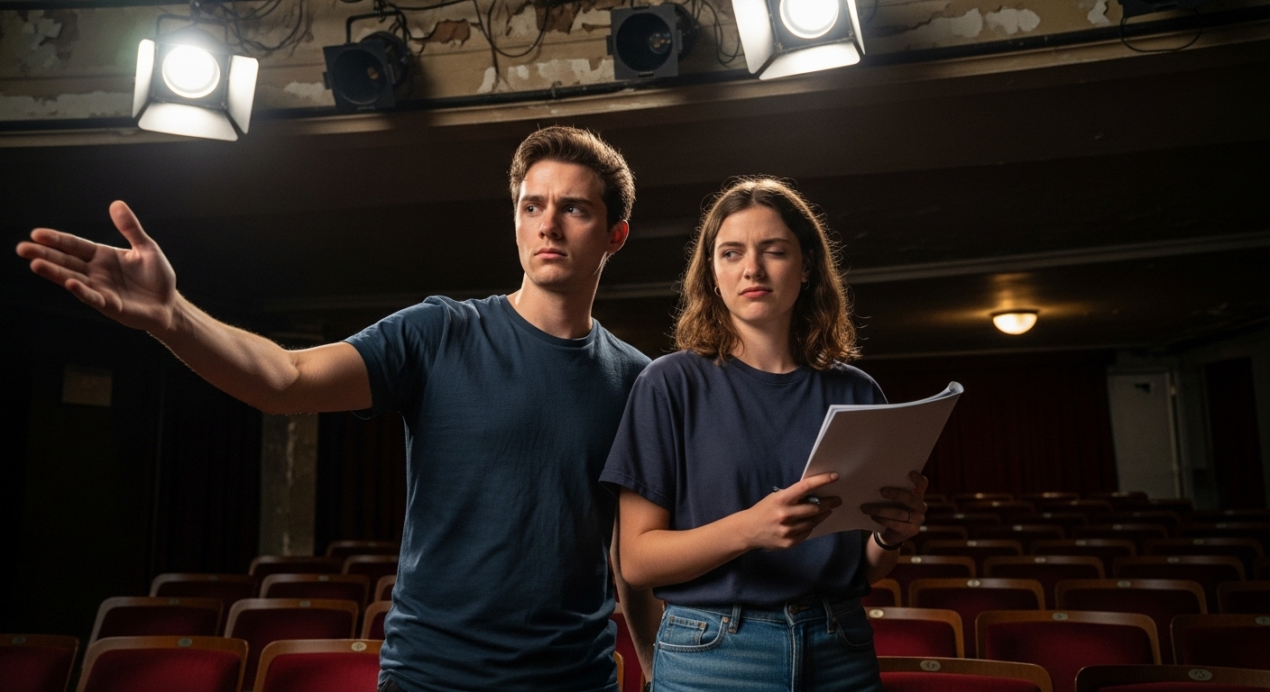 Two young actors rehearse a play in an old theatre, one dramatically gesturing while the other rolls her eyes, both looking exasperated.