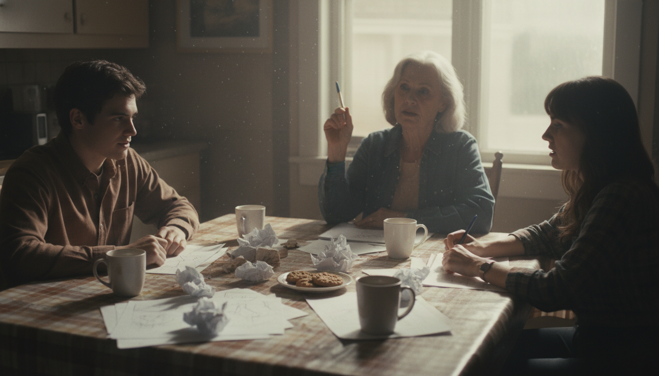 Four people, three young adults and an older woman, gathered around a kitchen table, intensely discussing ideas. Papers and sketches are spread out, and half-eaten cookies and coffee mugs are visible. Light streams in from a window, and there's a subtle, almost unnoticed shadow on the glass.