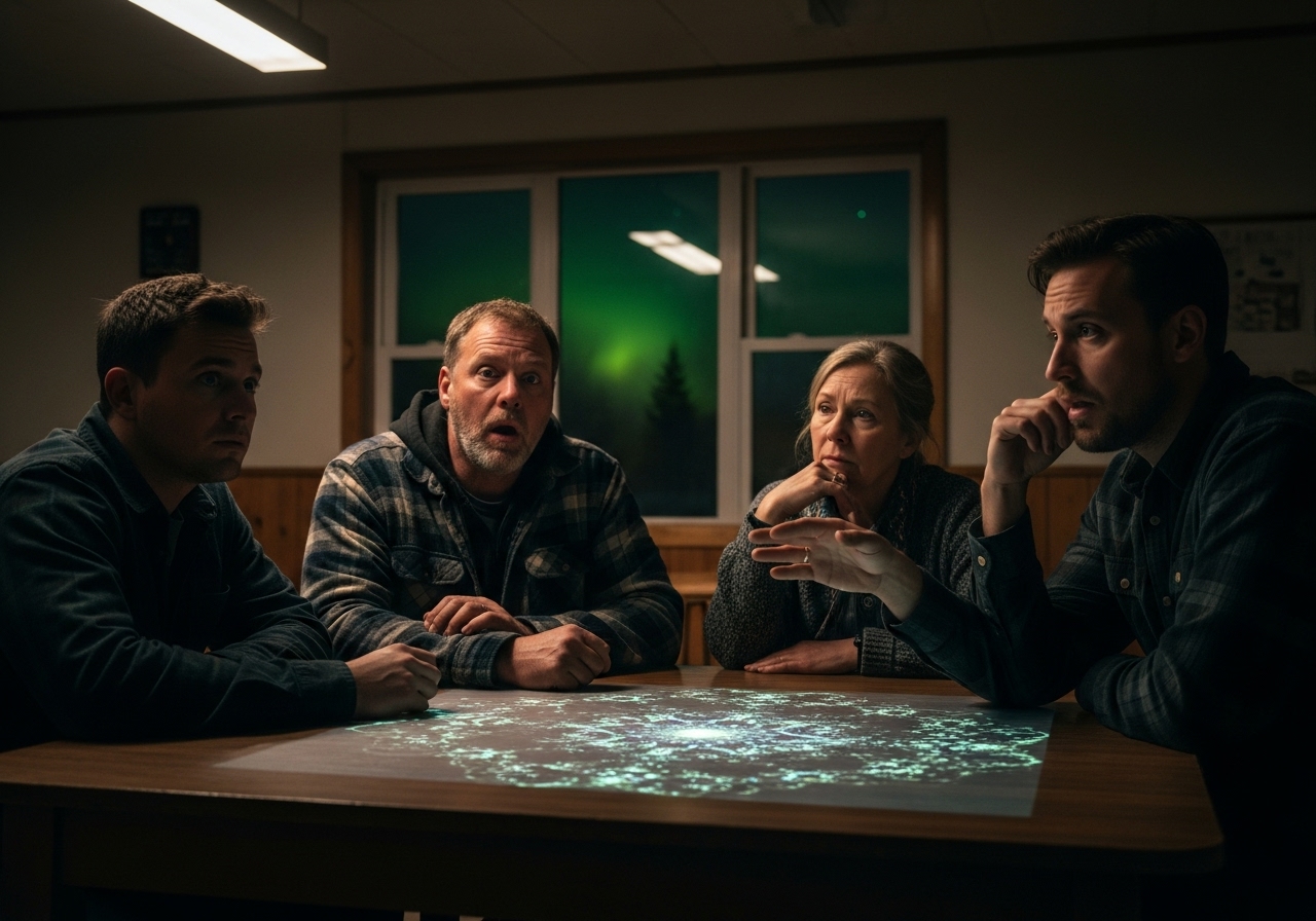 A group of four community board members looking bewildered at a complex fractal pattern projected in a dimly lit hall, with faint Northern Lights visible outside.