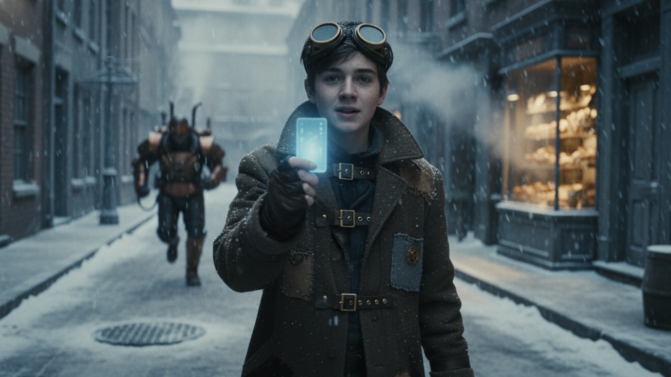 A teenage boy in steampunk winter gear looks hopefully at a transit card in his hand while standing on a snowy, steam-filled street.