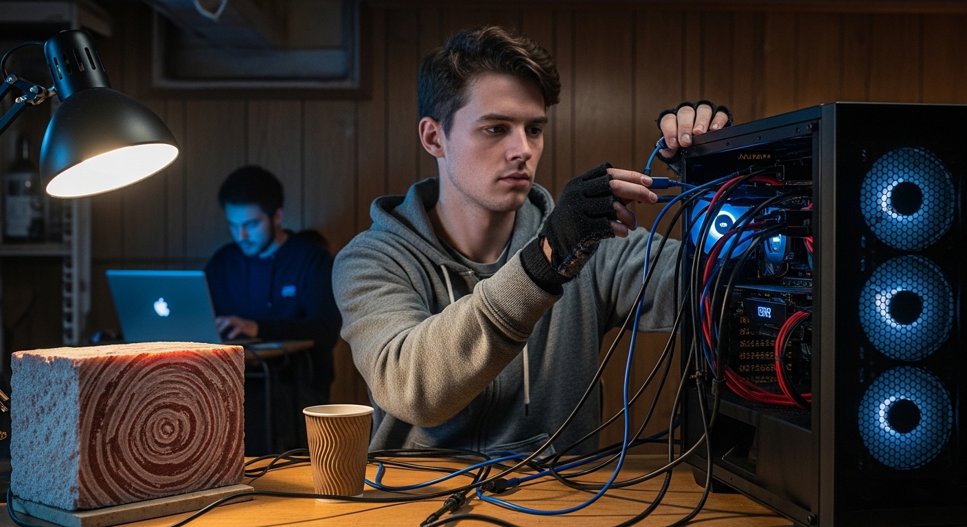 A young man fixes cables on a computer rig in a basement while another person works in the background.