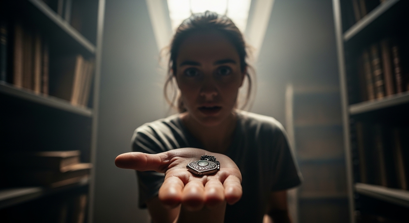 Young woman holds a glowing, ornate metal locket in a dusty archive.