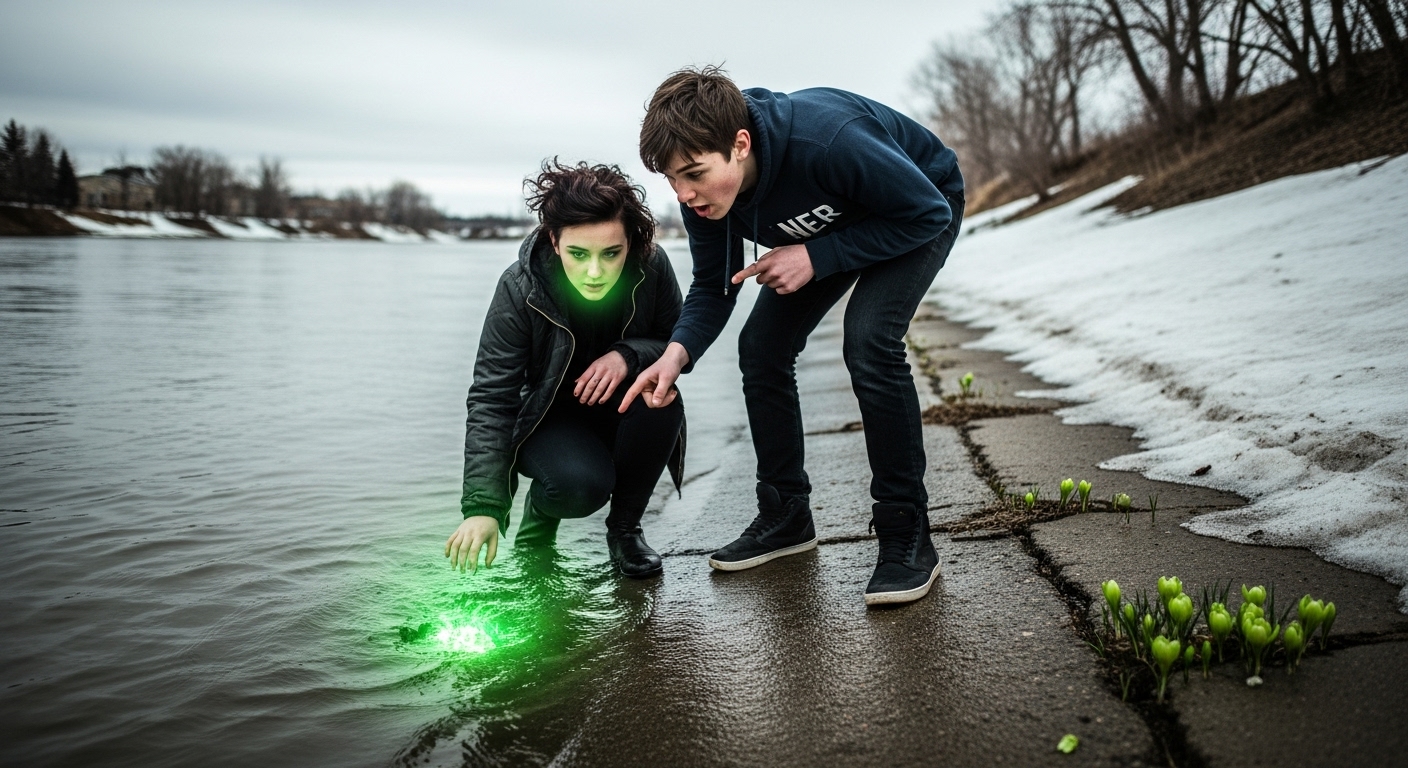 Two teenagers by the Red River in Winnipeg, captivated by a mysterious emerald light glowing beneath the water.