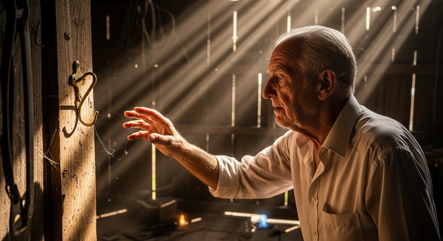 An elderly man in a dusty shed, looking at an empty hook where a crucial item should be, with a mysterious glow coming from a wall crack.