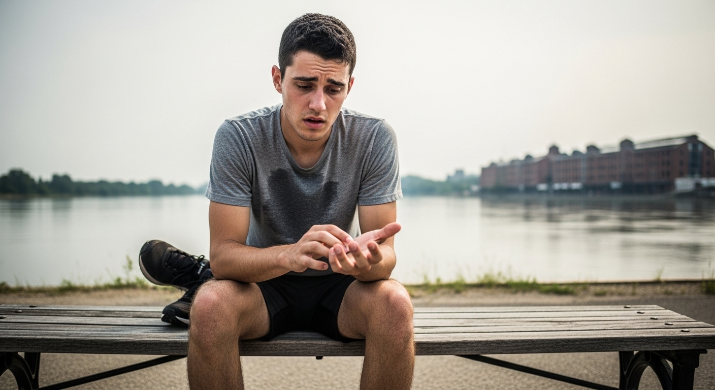 A young man sits on a bench, intensely examining his hand, with a hazy river and buildings in the background.