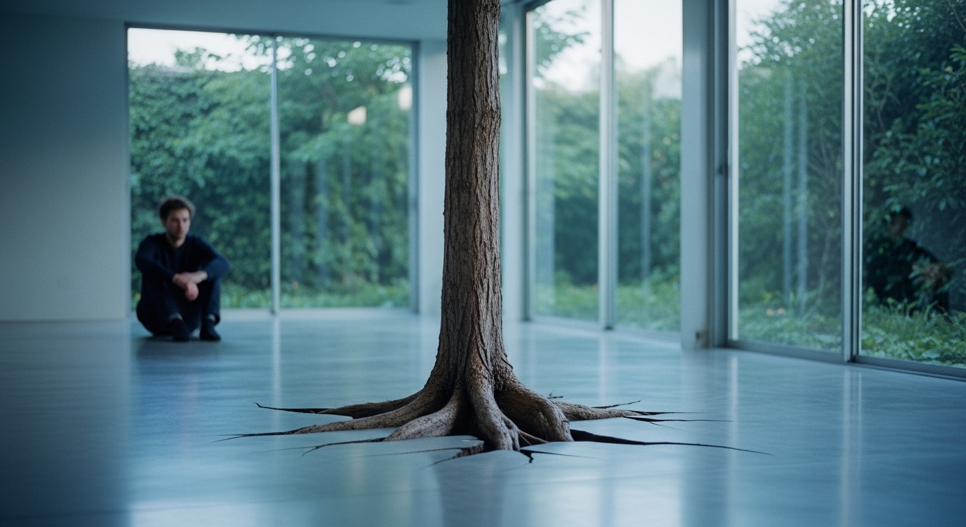 A thick tree root cracking through a polished concrete floor in a modern glass house.