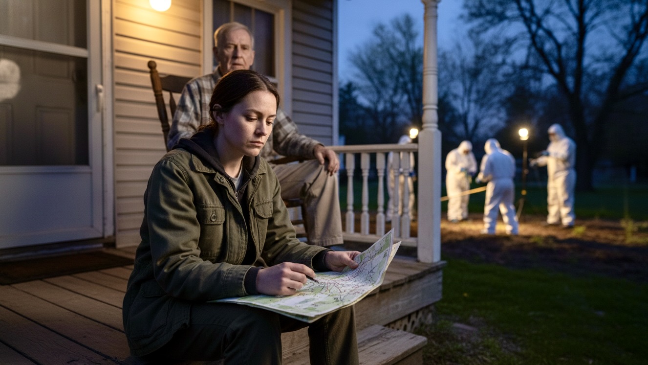 A young woman reviews a map on a porch with an elderly neighbor while researchers work in the background.